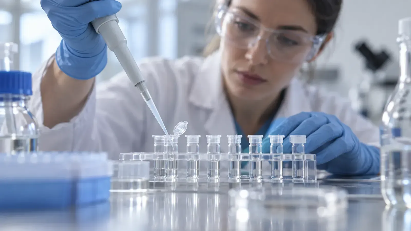 Científica analizando muestras con pipeta en laboratorio