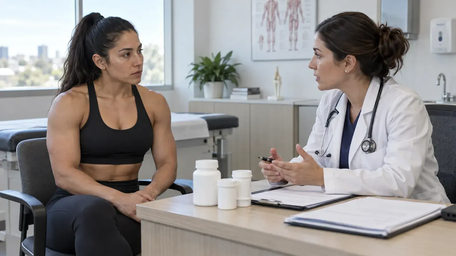 Atleta en consulta médica con frascos sobre el escritorio
