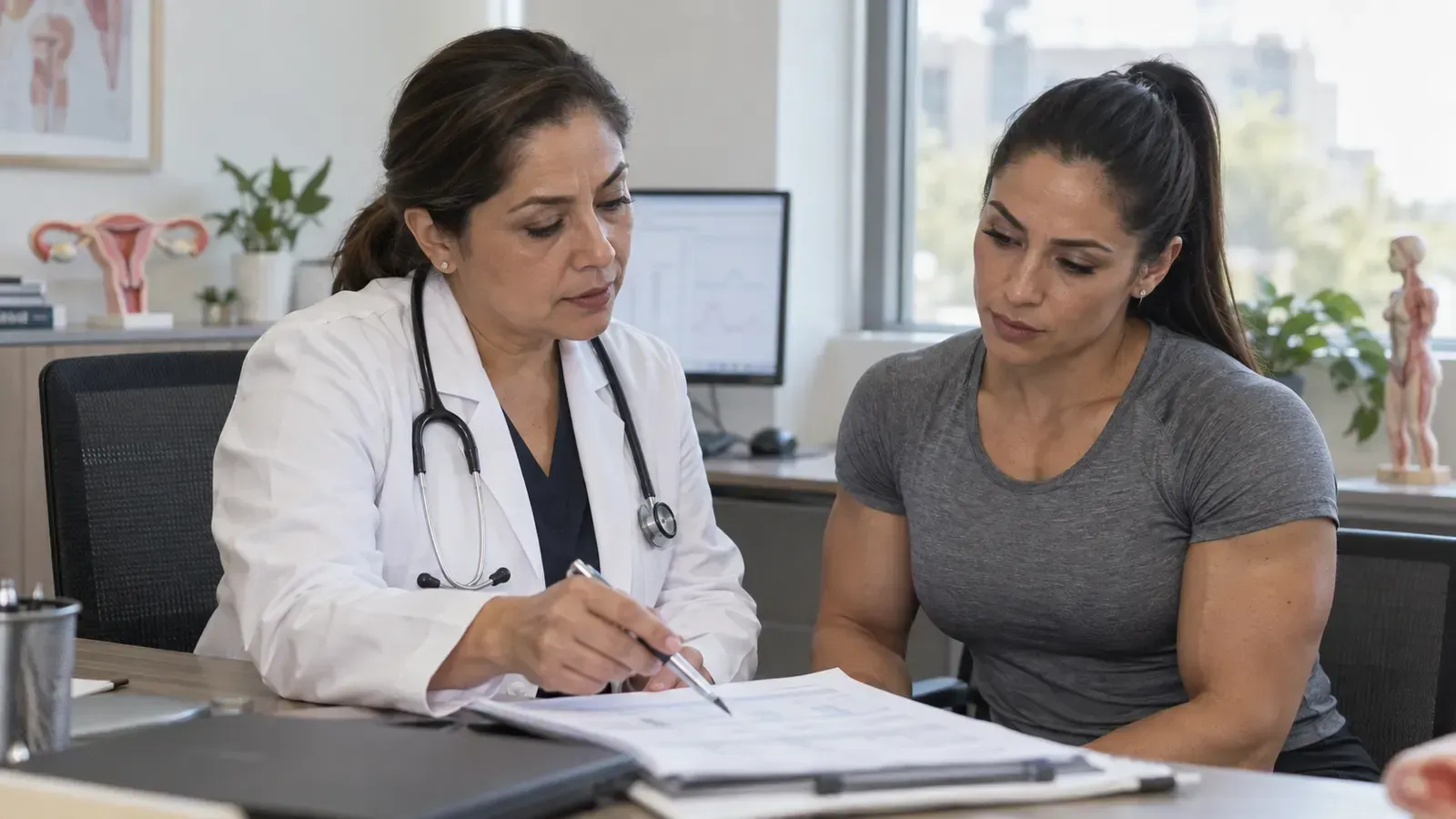 Doctora revisando resultados con una atleta
