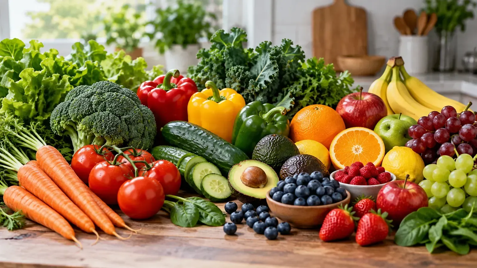 Mesa con frutas y verduras frescas