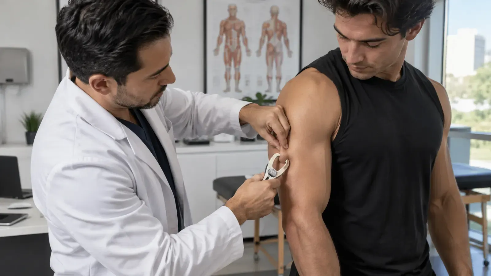 Médico aplicando una inyección intramuscular en el hombro de un paciente