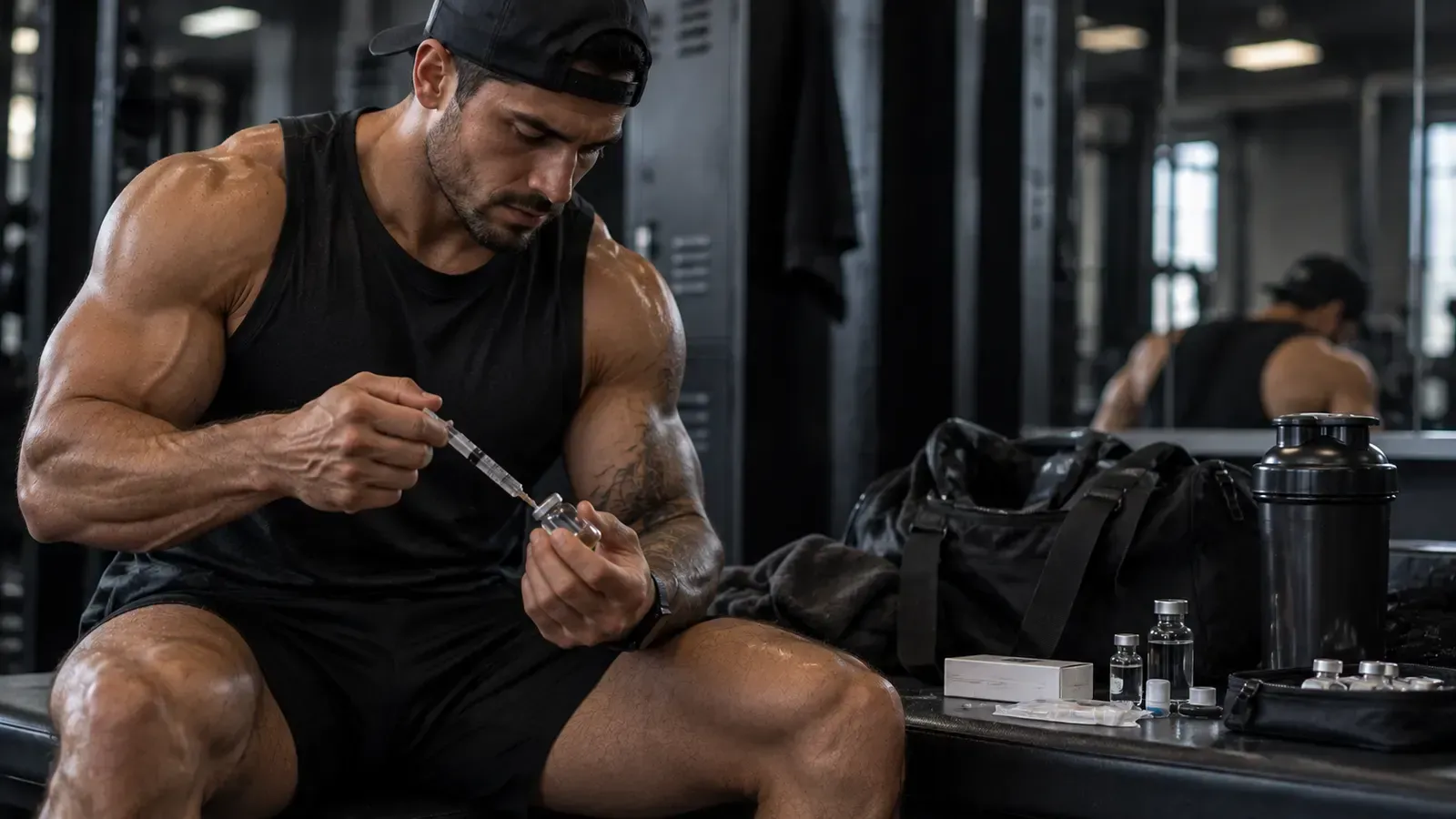 Hombre preparando una jeringa en el gimnasio