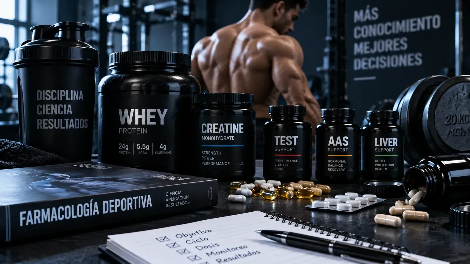 Botes de proteína, creatina y protectores junto a un libro de farmacología deportiva