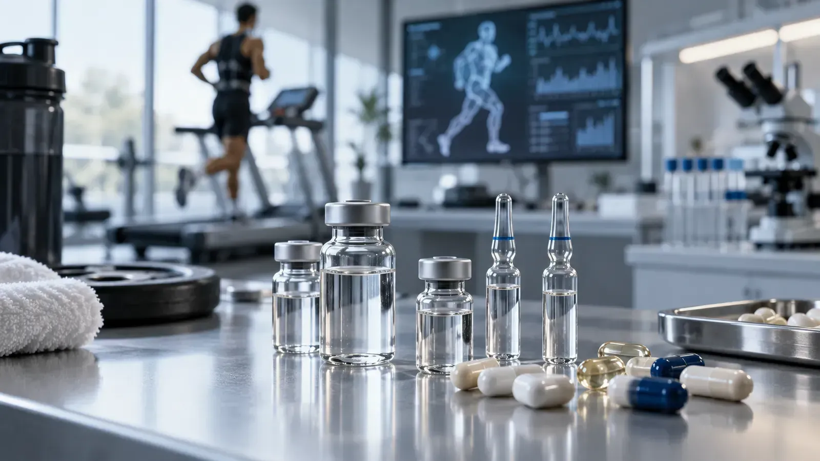 Viales y cápsulas sobre una mesa de laboratorio deportivo